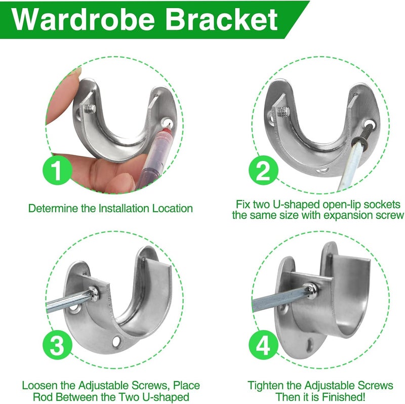 Haikole Heavy Duty Closet Rod Bracket - 2 Pack Stainless Steel U-Shaped Flange Sockets for 1-1/2" Rods, Rust-Proof Wall Mount Brackets with Screws & Anchors, Kitchen/Bathroom/Balcony Organizer(Silver) - Image 5
